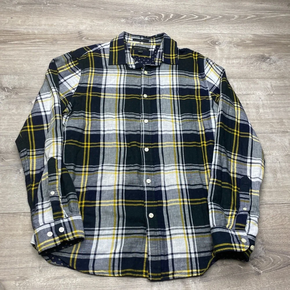Banana Republic Flannel Shirt Mens L Navy‎ Yellow Good Untucked Slim Fit Plaid